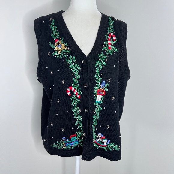 Vintage Christmas Embroidered Beaded Sweater Vest L - Picture 1 of 5